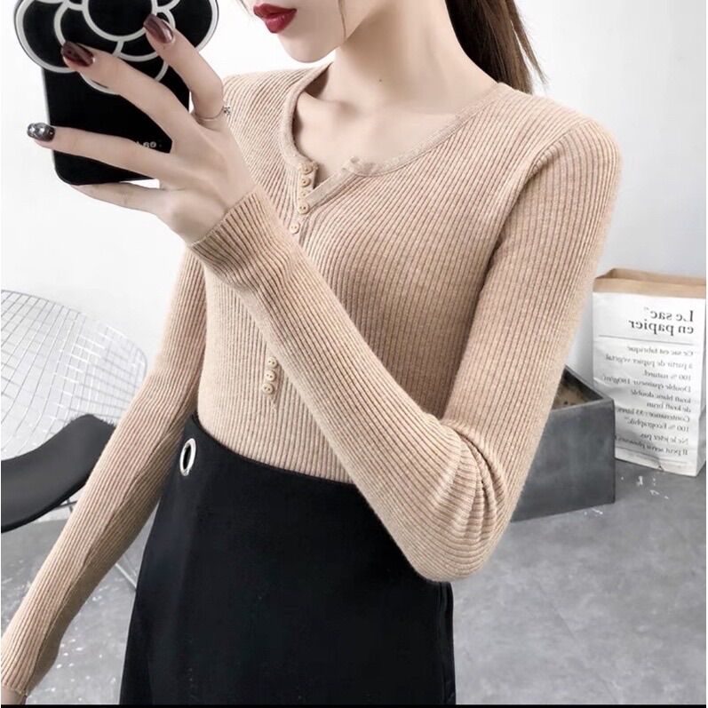 Áo len lông cừu cúc ngực phong cách Hàn Quốc