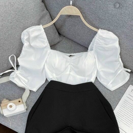 [ MÃ 320 ] ÁO CÚP NGỰC TAY NHÚN PHỒNG ( ẢNH SHOP CHỤP )
