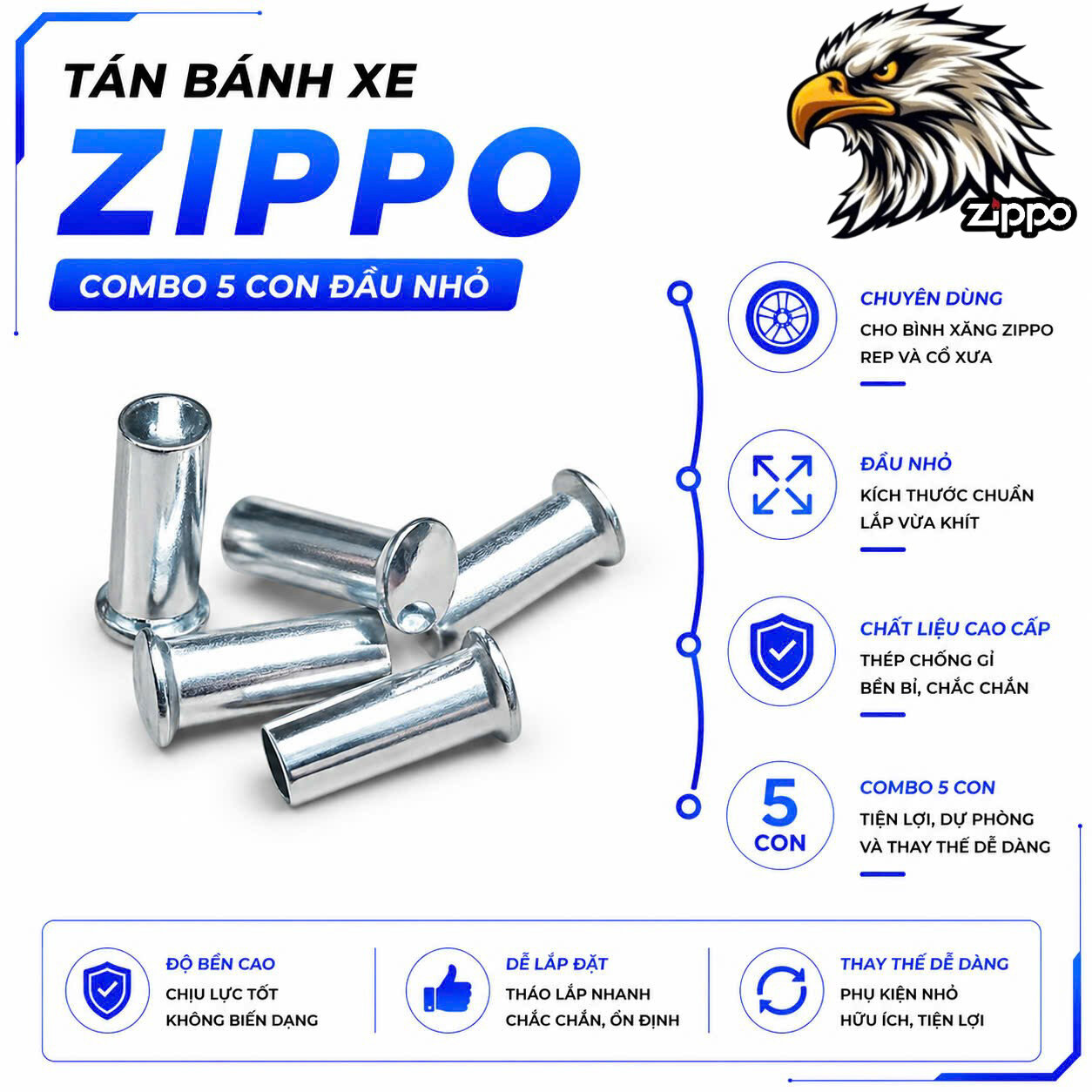 Combo 5 chốt tán đặc bánh xe Zippo linh kiện