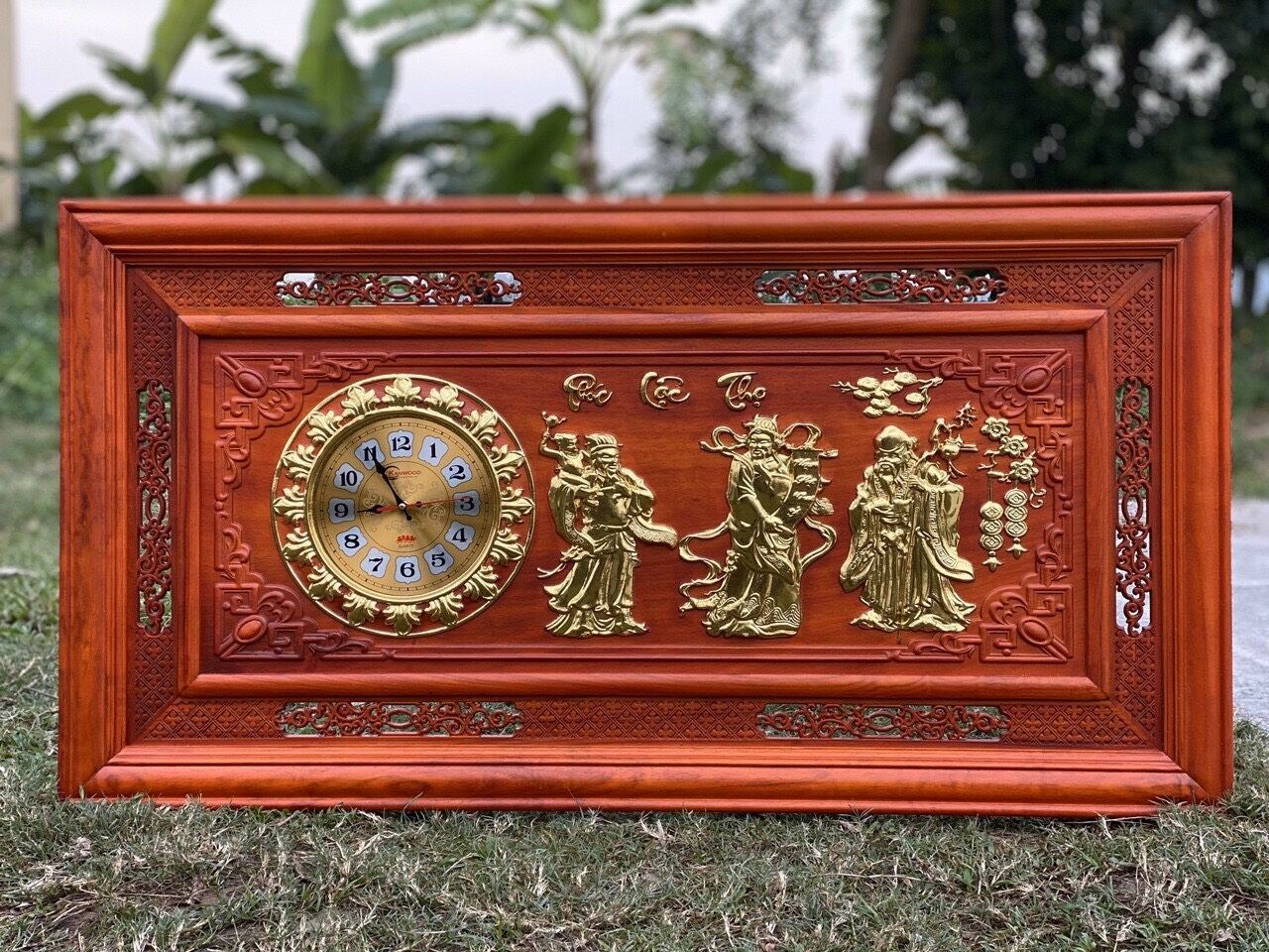 Tranh gỗ phúc lộc thọ gỗ hương đỏ dát vàng kt 108cmx48cm