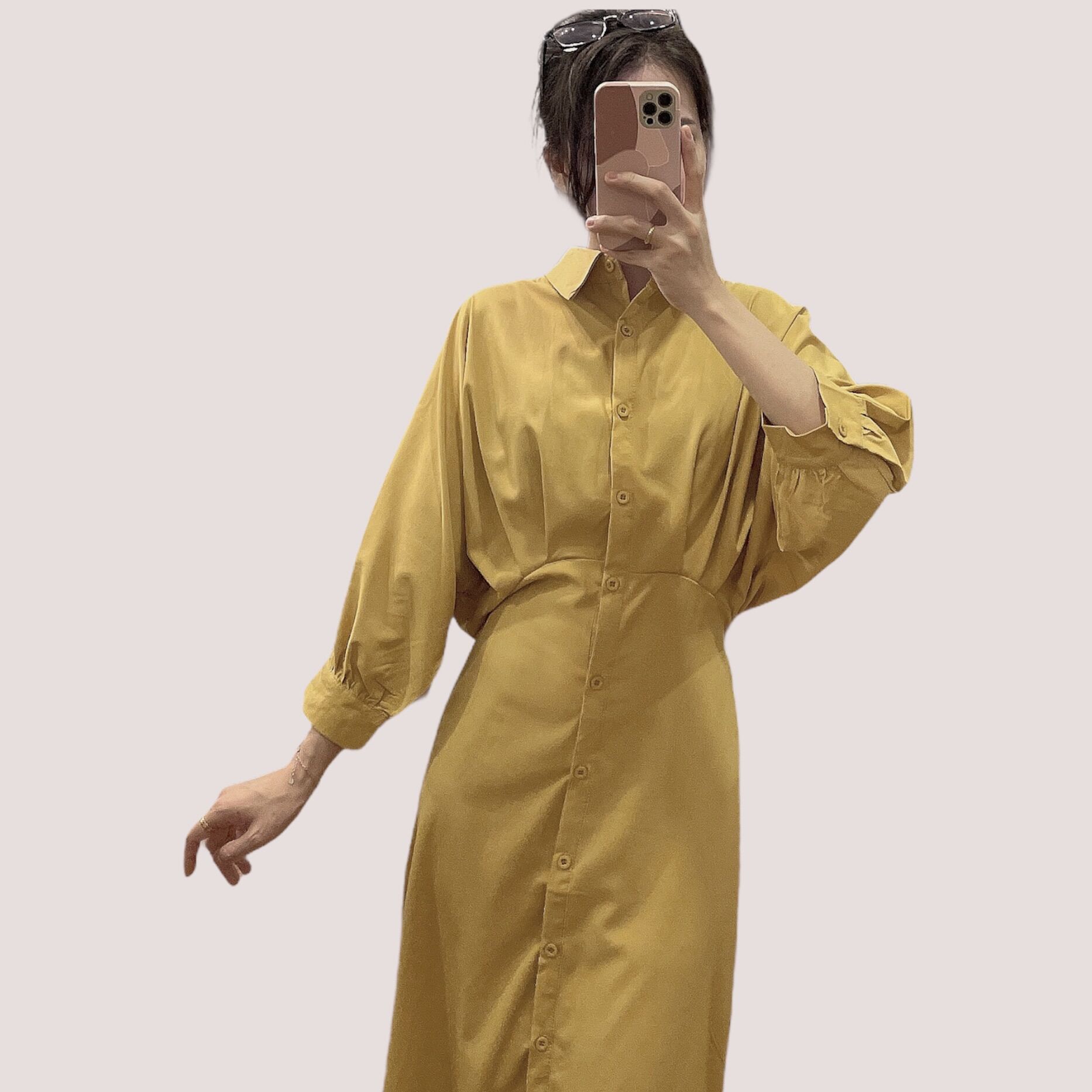 Váy đầm sơ mi tay dơi vàng chanh