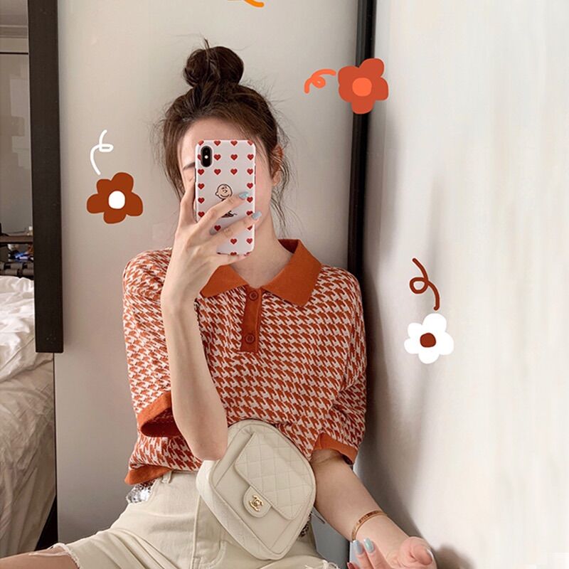 Áo len dệt kim kẻ sọc cổ polo phiên bản hàn