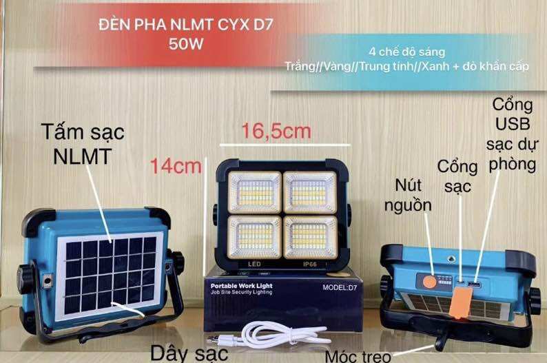 Đèn sạc năng lượng mặt trời d7 50w - có 4 chế độ đèn