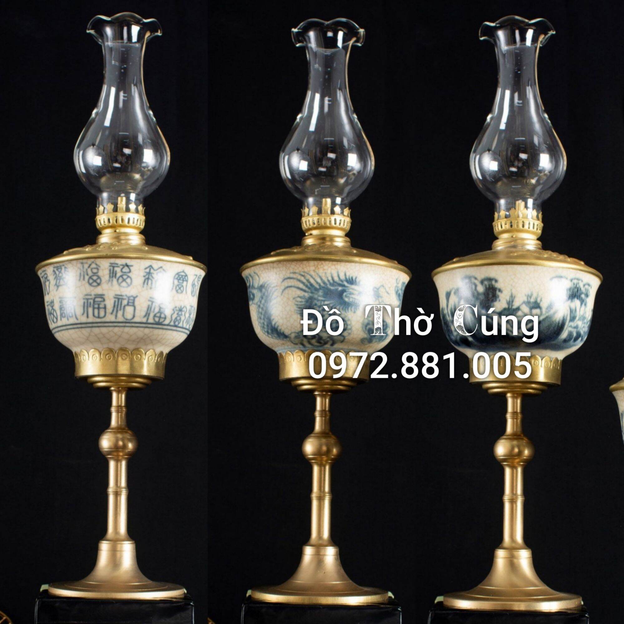Đèn thờ , Đèn dầu men rạn cổ bọc đồng Bát Tràng cao cấp