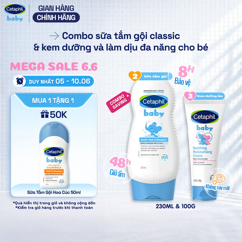 Combo 2 bước Sữa tắm gội dịu lành 230ml + Kem dưỡng ẩm làm dịu đa năng Cetaphil Baby 100Gr