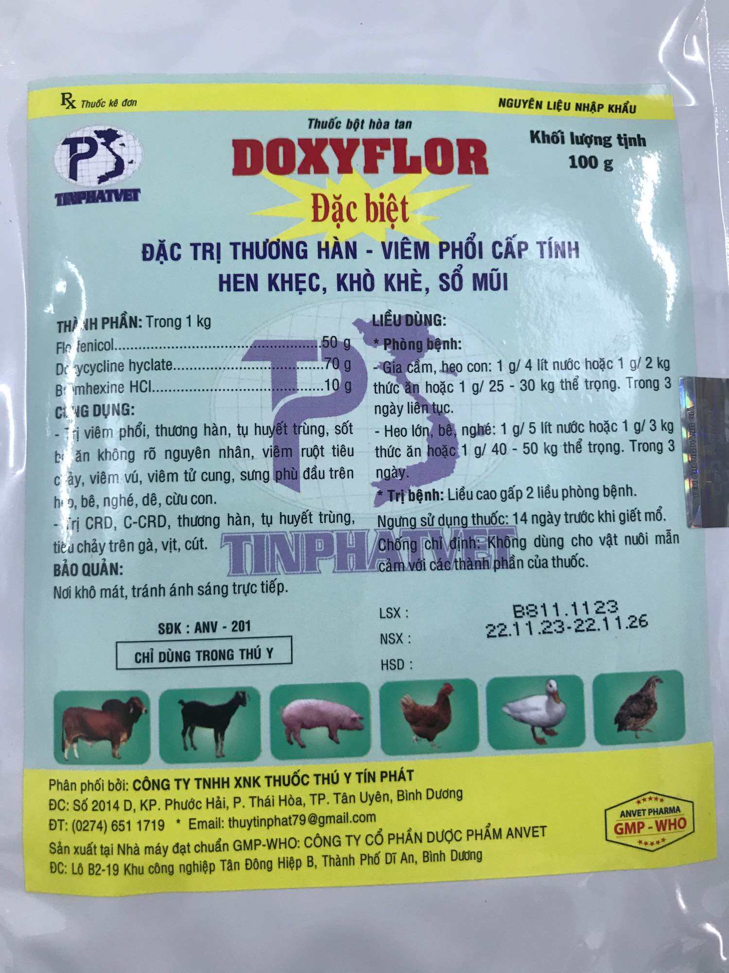 Flodoxy (100gr)Sp chuyên dùng cho gia súc gia cầm trong các trường hợp viêm phổi,hen khẹc,CRD,CCRD,O