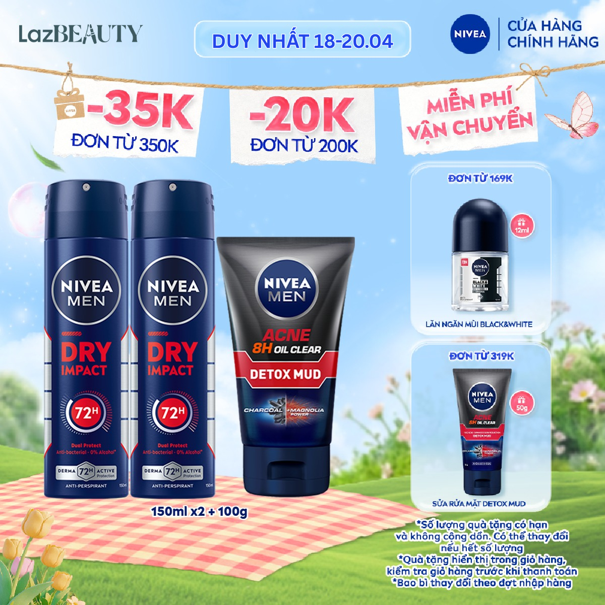 Bộ 3 Sản Phẩm Gồm 2 Xịt Ngăn Mùi NIVEA MEN Khô Thoáng (150 ml) - 81602x2 + Sữa Rửa Mặt NIVEA MEN Bùn Khoáng Kiểm Soát Nhờn | Ngừa Mụn | Sạch Sâu (100 g) - 83940