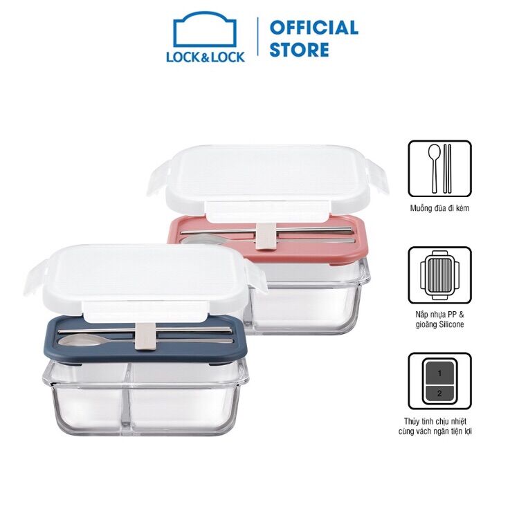 Hộp cơm thuỷ tinh lock&lock kèm muỗng đũa 930ml