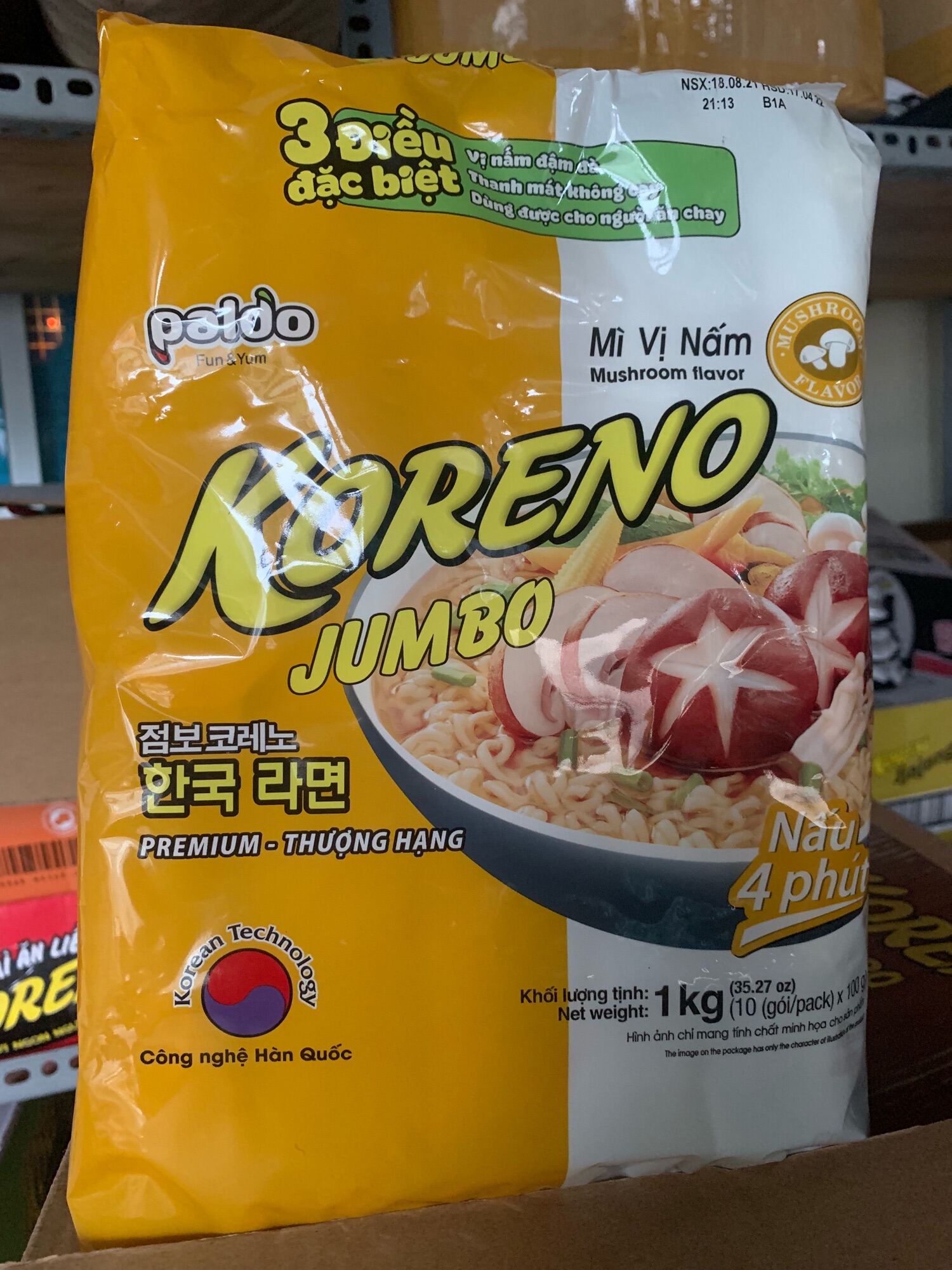 MÌ Ăn Liền KORENO JUMBO HÀN QUỐC 1KG ( túi 1kg) [Vị tôm, Vị bò cay, Vị gà, Vị Kim chi, Vị nấm], mì nấu 4 phút