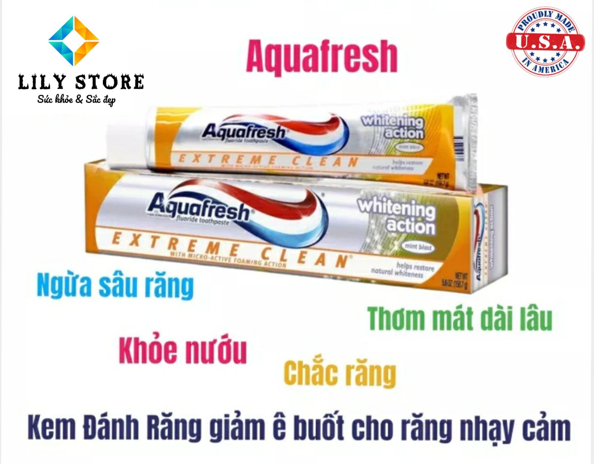 Kem đánh răng giảm ê buốt,trắng răng ,ngừa sâu răng Aquafresh Extreme Clean Whitening Action của Mỹ