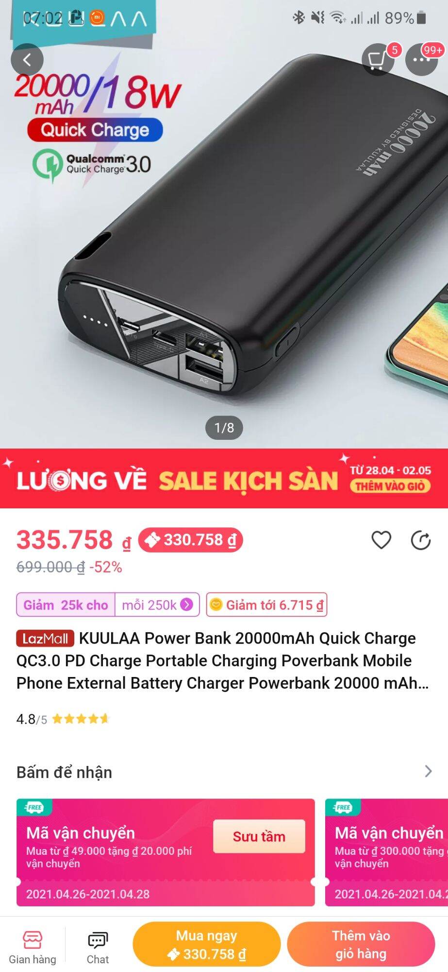 Sạc dự phòng kuulaa 20000mah qc 3.0
