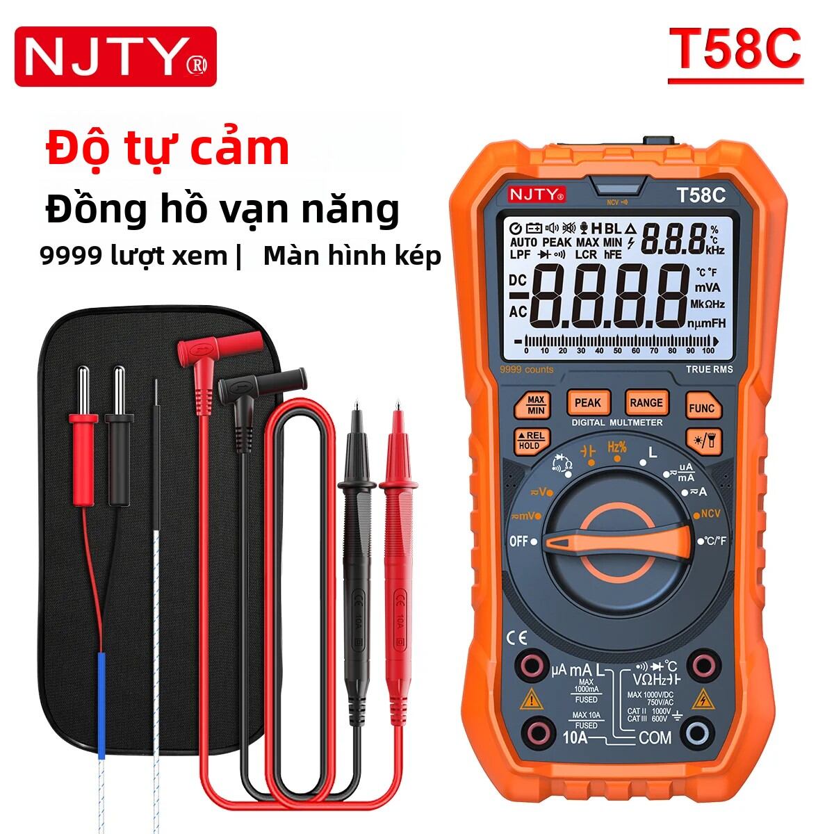 NJTY T58B/T58C Đồng Hồ Vạn Năng Kỹ Thuật Số LED Có Đèn Nền Thông Minh Màn Hình Lớn Đo Điện Cảm 9999 