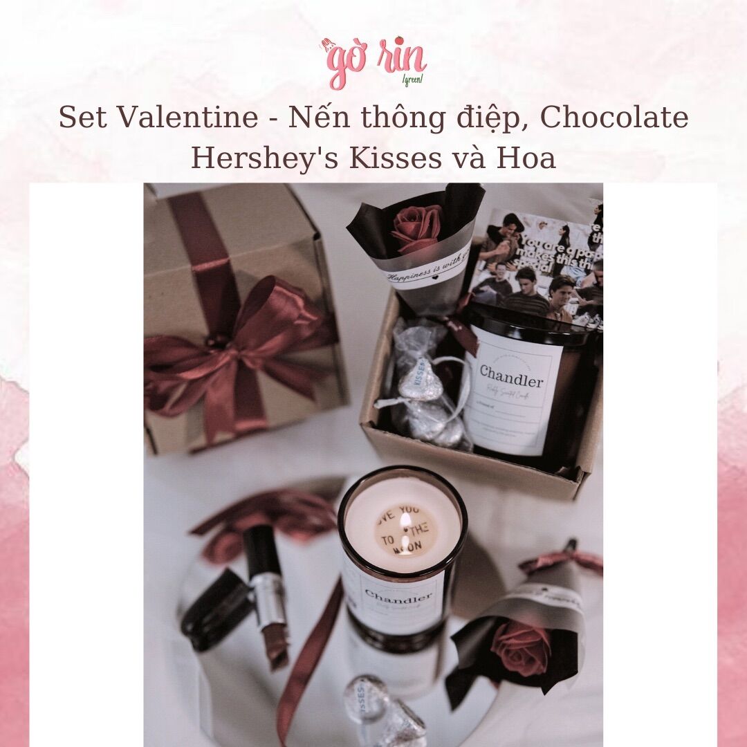 Set Valentine - Nến thông điệp, Chocolate Hershey's Kisses và Hoa