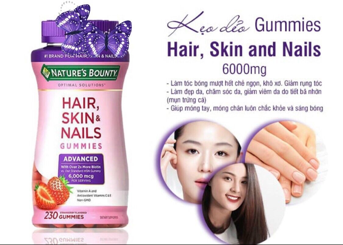 [HSD 06/2027] Kẹo Dẻo & Viên Uống đẹp Da Tóc Móng NATURE'S BOUNTY HAIR SKIN & NAILS Gummies 6000mcg từ MỸ