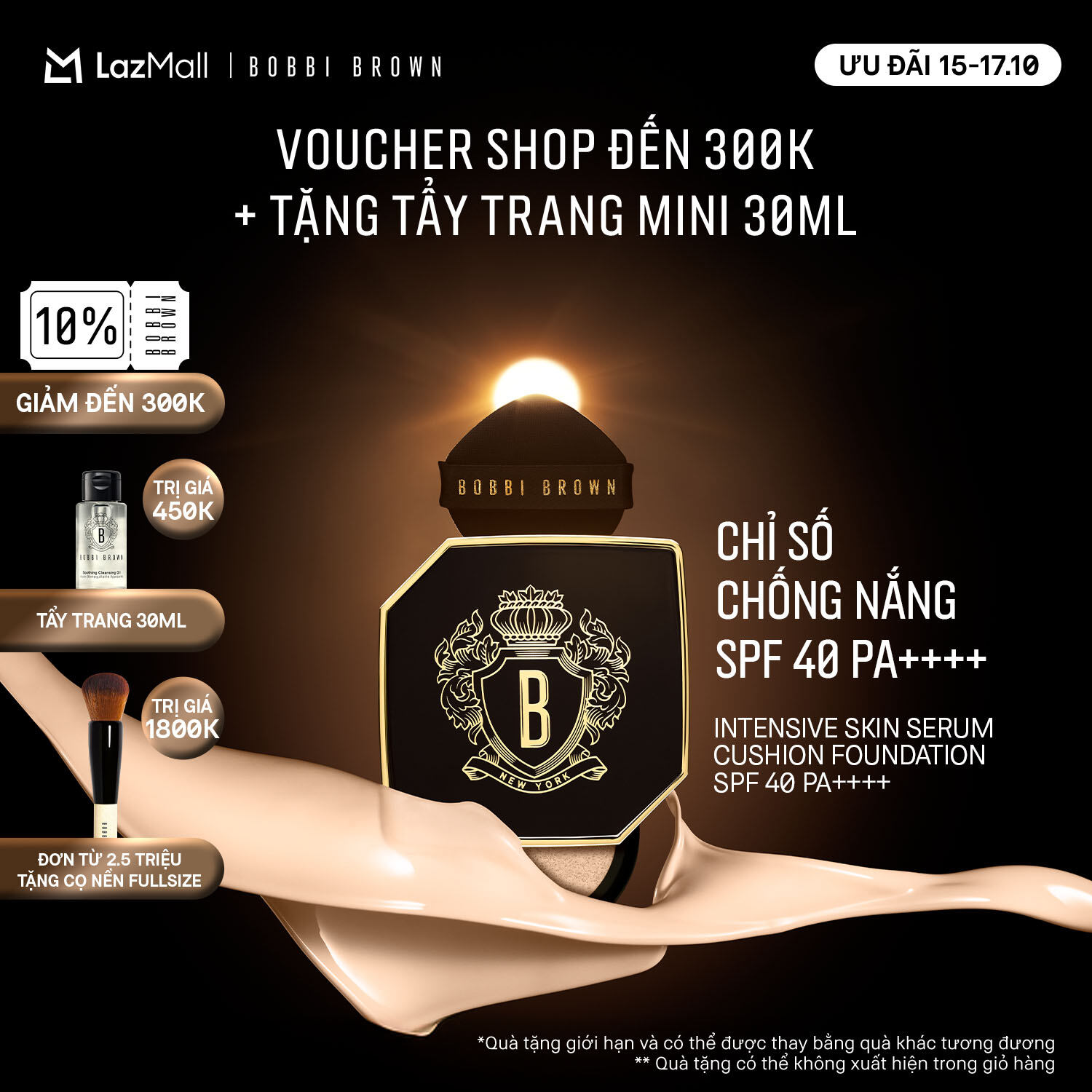 [ƯU ĐÃI 15-17.10] Bobbi Brown Intensive Skin Serum Cushion Foundation SPF 40 PA++++ | Phấn nước dưỡng da, cấp ẩm căng bóng