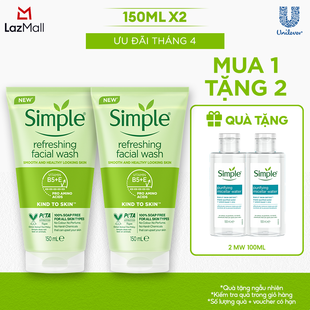 Combo 2 Sữa rửa mặt Simple lành tính sạch thoáng - cho da nhạy cảm 150ml/chai [CHÍNH HÃNG ĐỘC QUYỀN] [DIỆN MẠO MỚI]