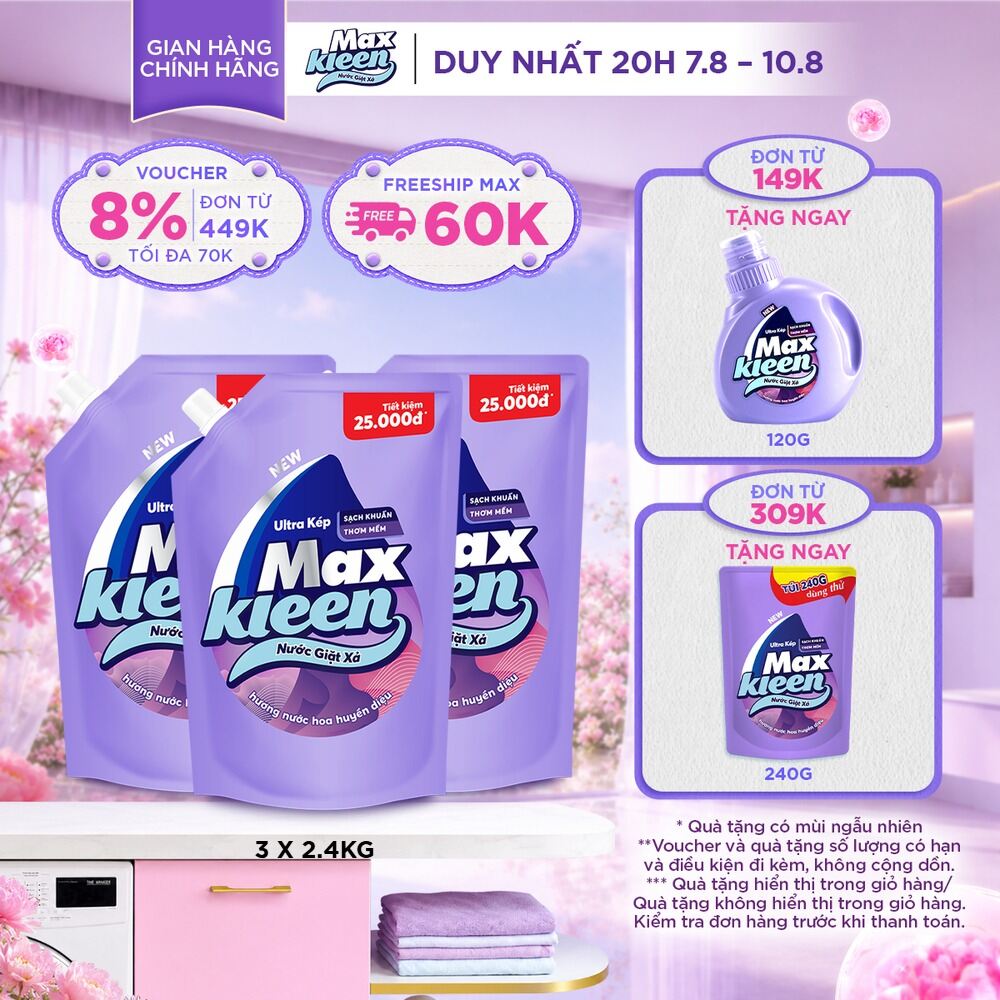 Combo 3 Túi Nước Giặt Xả MaxKleen Hương Nước Hoa Huyền Diệu (2.4kg/túi)