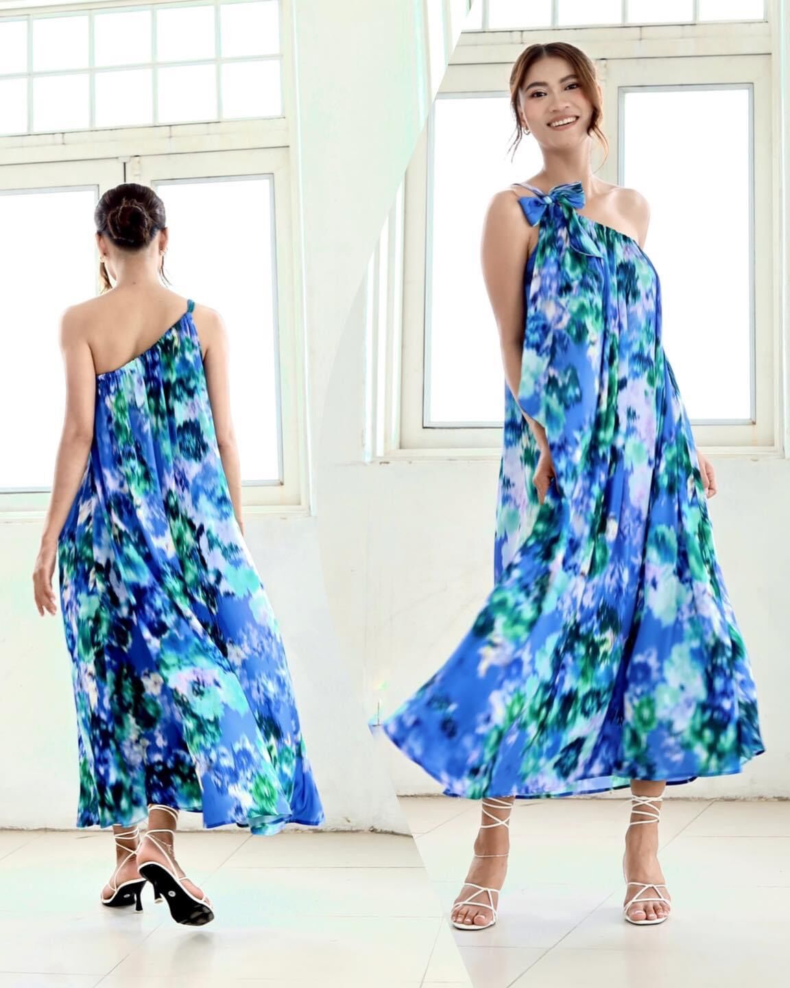 Đầm maxi lụa lệch vai hoa văn Infashion