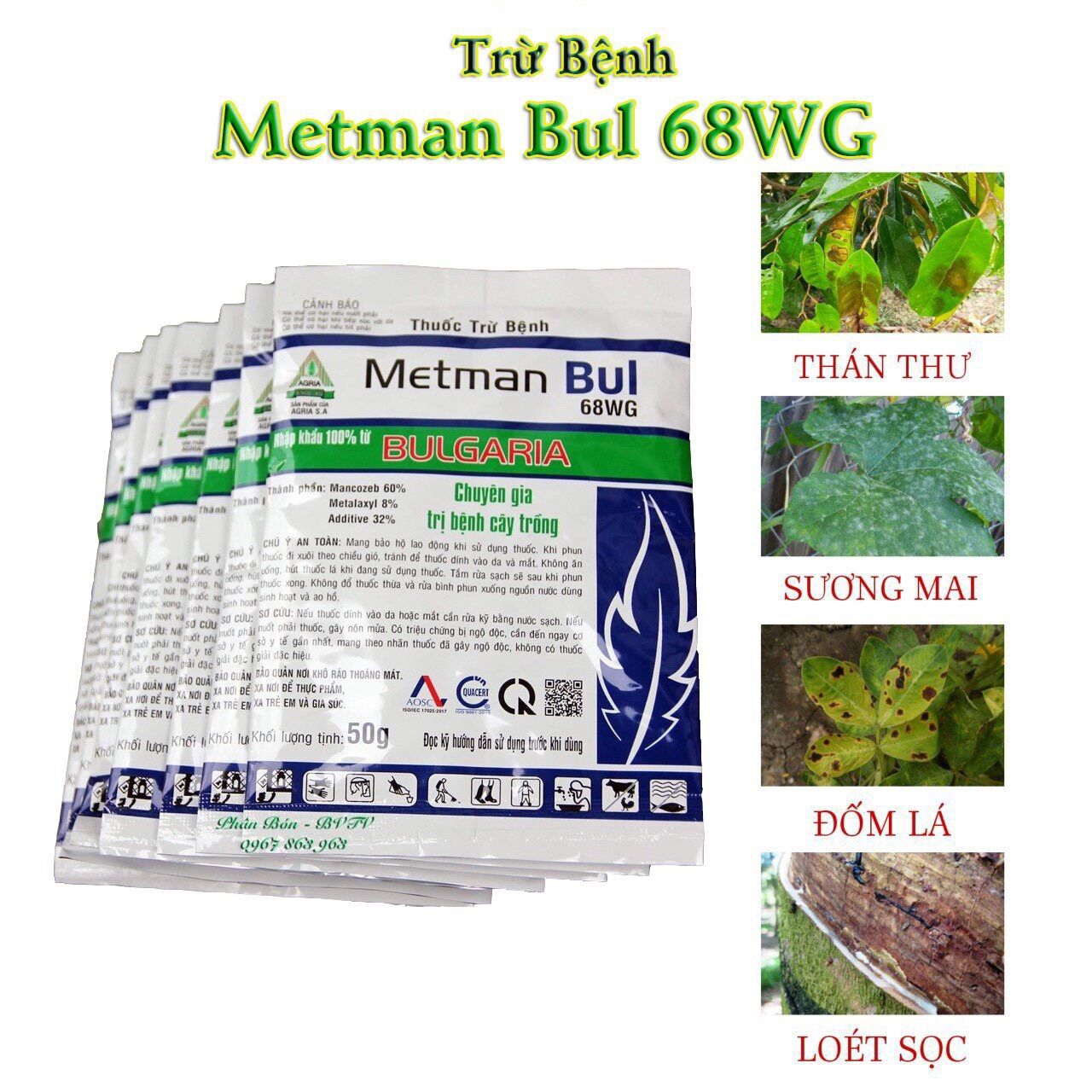 METMAN BUL 68WG trừ nấm lá,nấm phấn trắng theo cơ chế nội hấp cực mạnh,gói 50gam