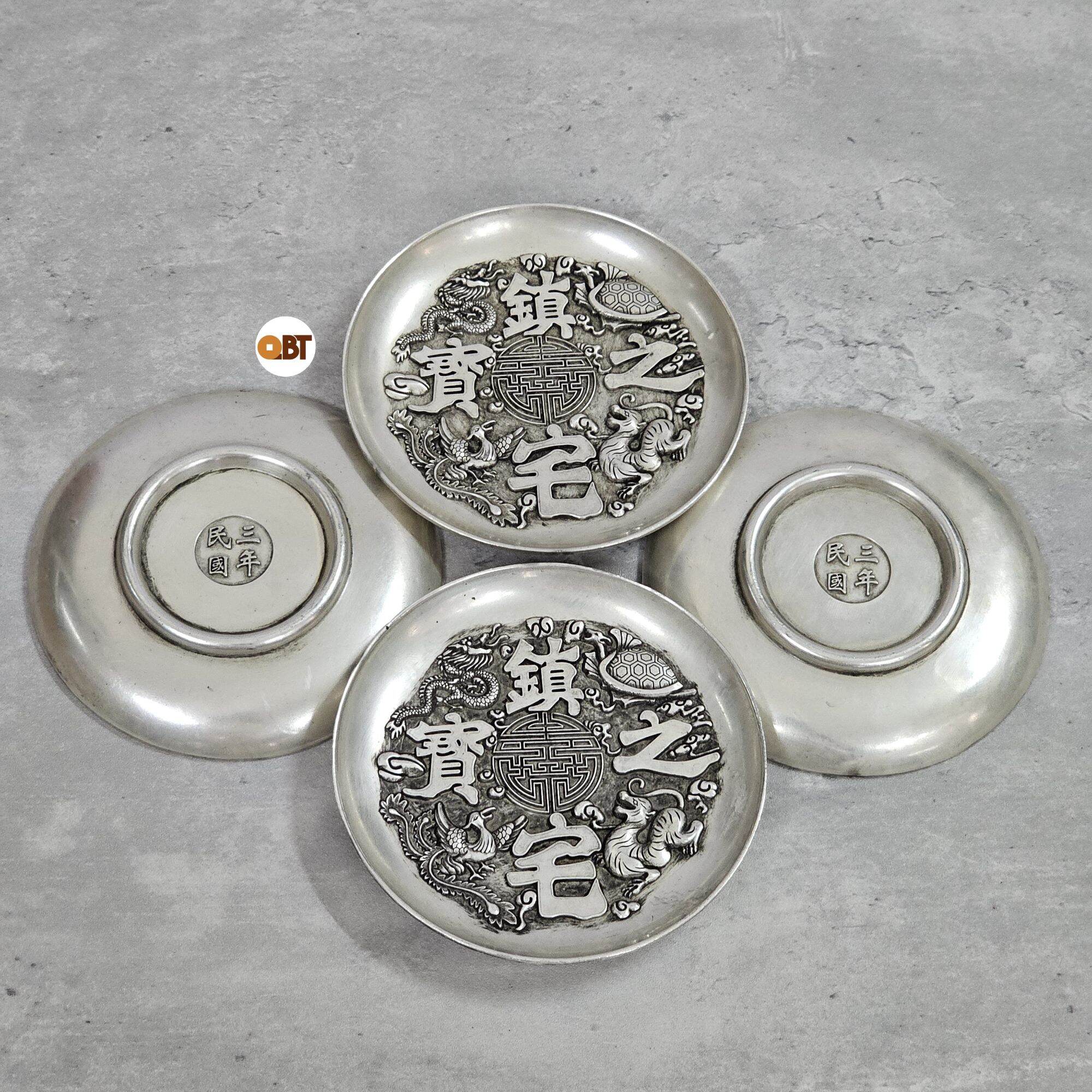 Dĩa trà tứ linh bằng đồng tráng bạc