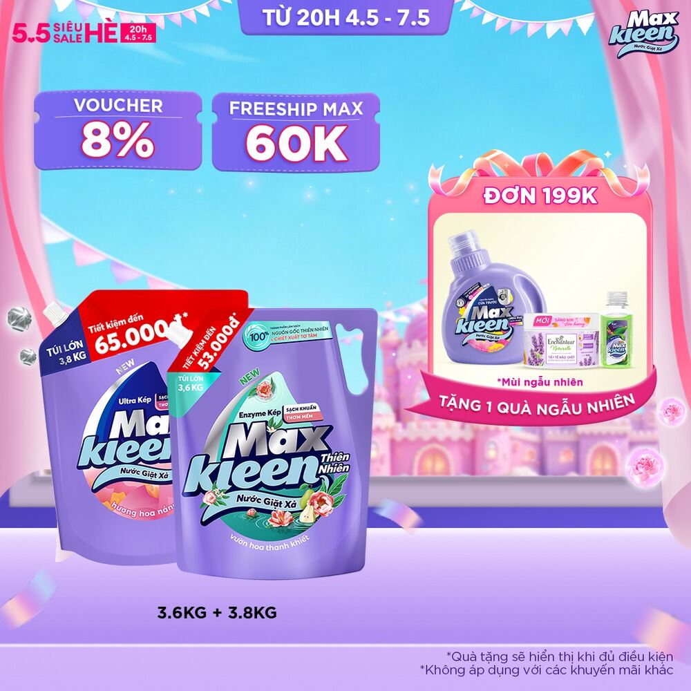 Combo Túi Nước Giặt Xả MaxKleen Thiên Nhiên 3.6kg  Túi 3.8kg (Hoa Nắng/ Huyền Diệu/Vườn Sớm Mai)