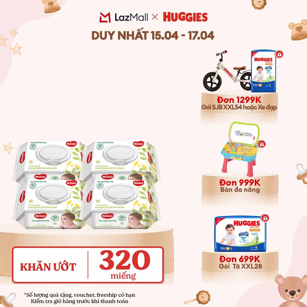 [CHỈ 18-24.04 GIẢM THÊM 90K] Combo 4 gói Khăn giấy ướt cho trẻ sơ sinh HUGGIES 80 miếng không mùi