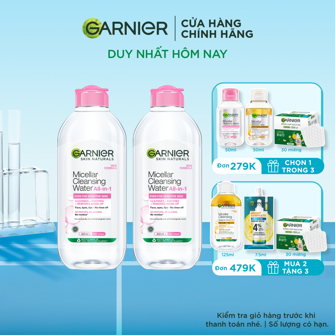 Bộ 2 nước làm sạch và tẩy trang cho da nhạy cảm (nắp hồng) Garnier Micellar Cleansing Water 400mlX2 - Kitting