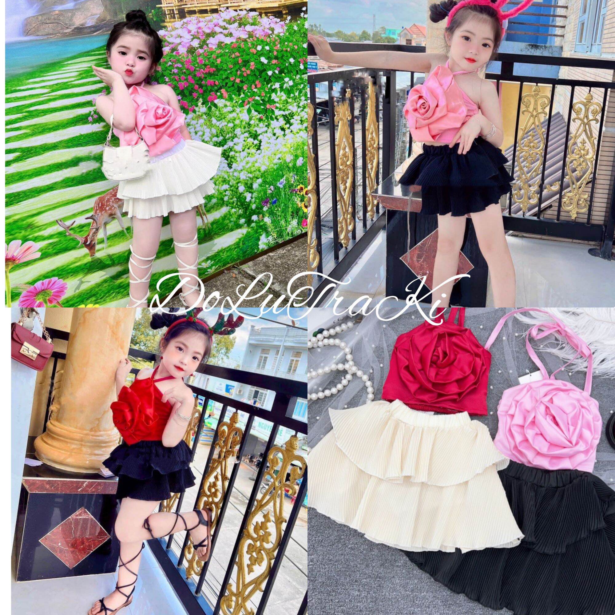 Set áo yếm tết bông hoa hồng kèm chán váy tầng dập ly bé gái