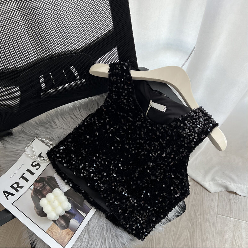 Áo Phông Ba Lỗ Kim Sa Áo Mẫu Ngắn Cổ Tròn Bling Lấp Lánh Dáng Gầy Rộng Rãi Phong Cách Hàn Quốc Mẫu Mới Mùa Thu 2023 Cho Nữ Sành Điệu
