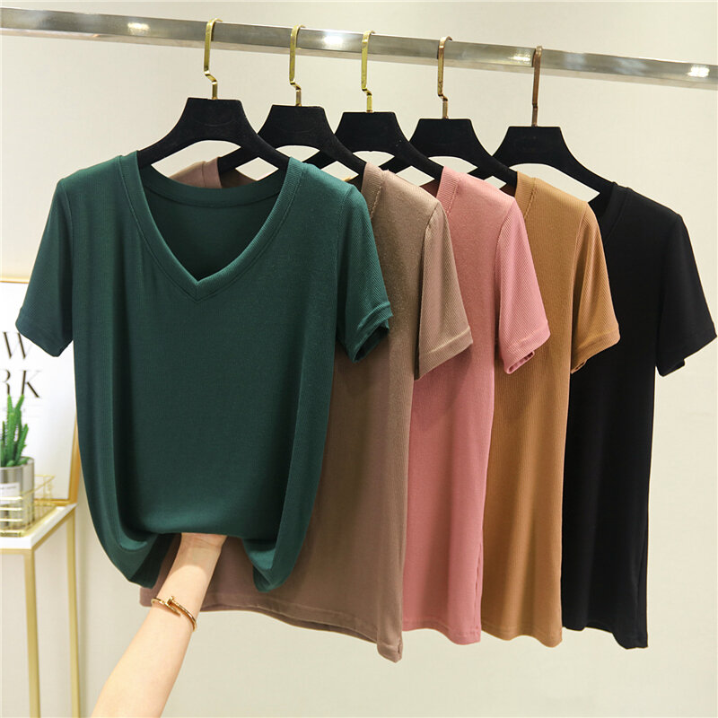 Áo Cổ Chữ V Áo Phông Tay Ngắn Tôn Dáng Gầy Dễ Phối Mùa Hè Cho Nữ Áo Mặc Trong Vải Modal Cỡ Lớn Màu Trơn Ôm Dáng Mặc Trong Mỏng Tay Lỡ