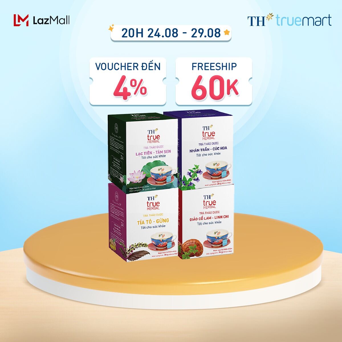 Bộ 4 hộp trà thảo dược th true herbal giảo cổ lam – linh chi, nhân trần – cúc hoa, lạc tiên – tâm sen & tía tô – gừng