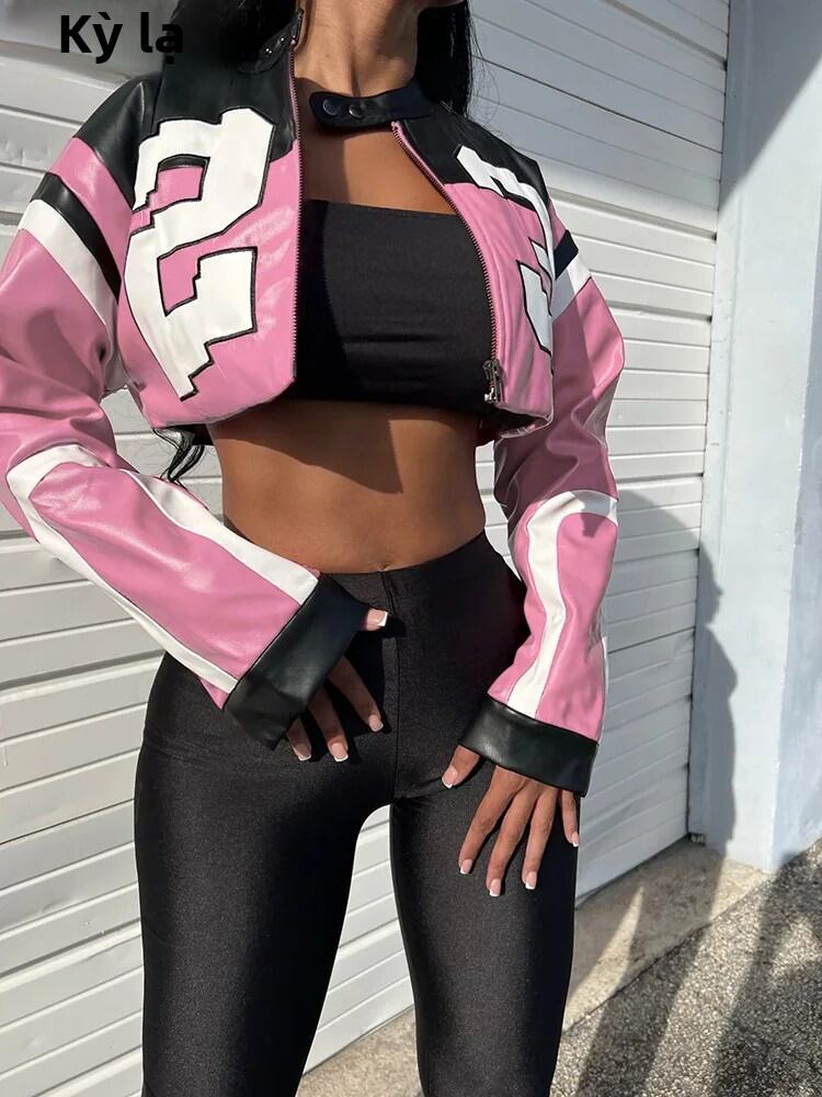 Nữ Hipster Giả Da Varsity Áo Khoác Lạ Puss In Chữ Giày Thể Thao Dạo Phố Xu Hướng Mùa Thu Áo Crop Top