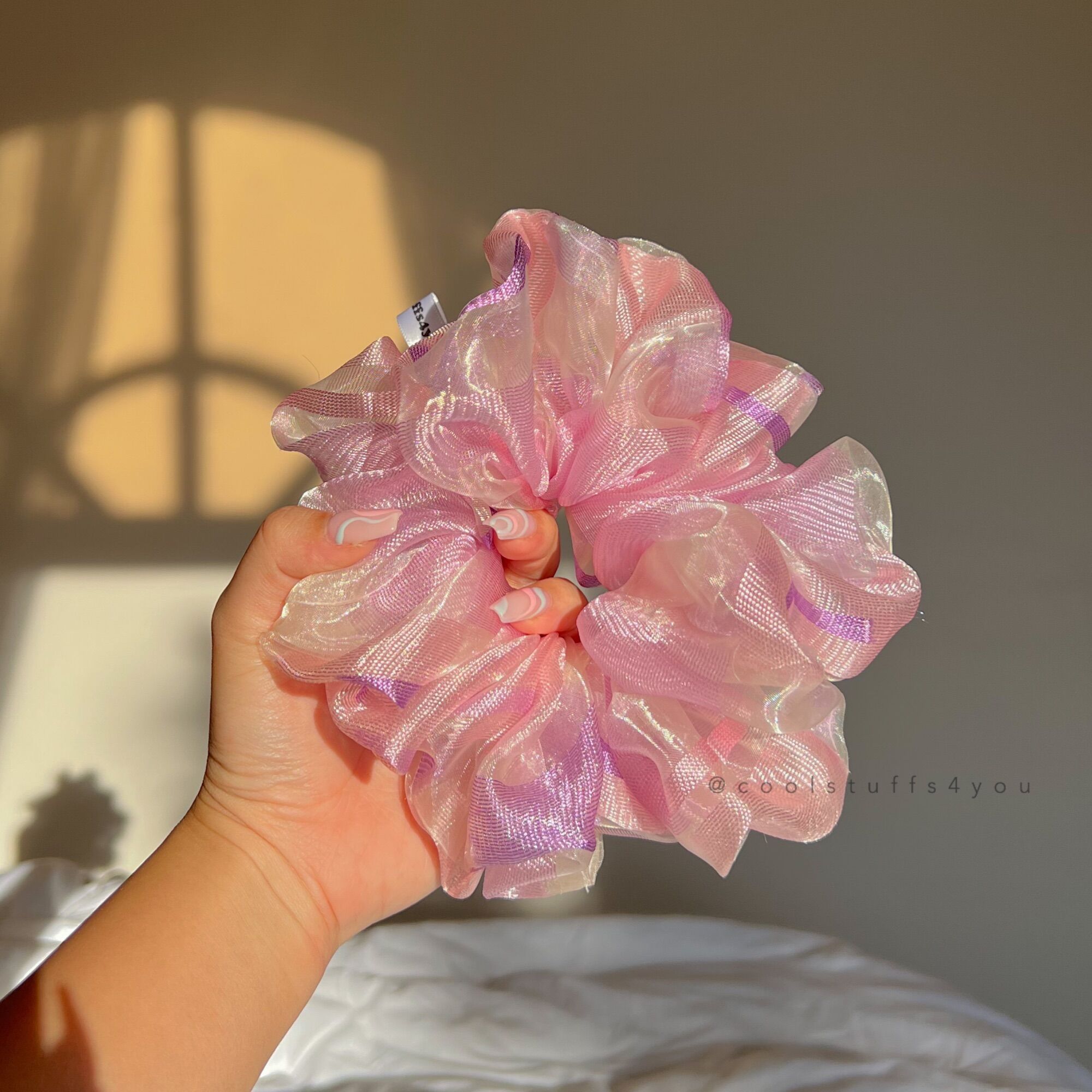 Buộc Tóc Scrunchies Voan Phồng Sọc Hồng Tím Size 14cm