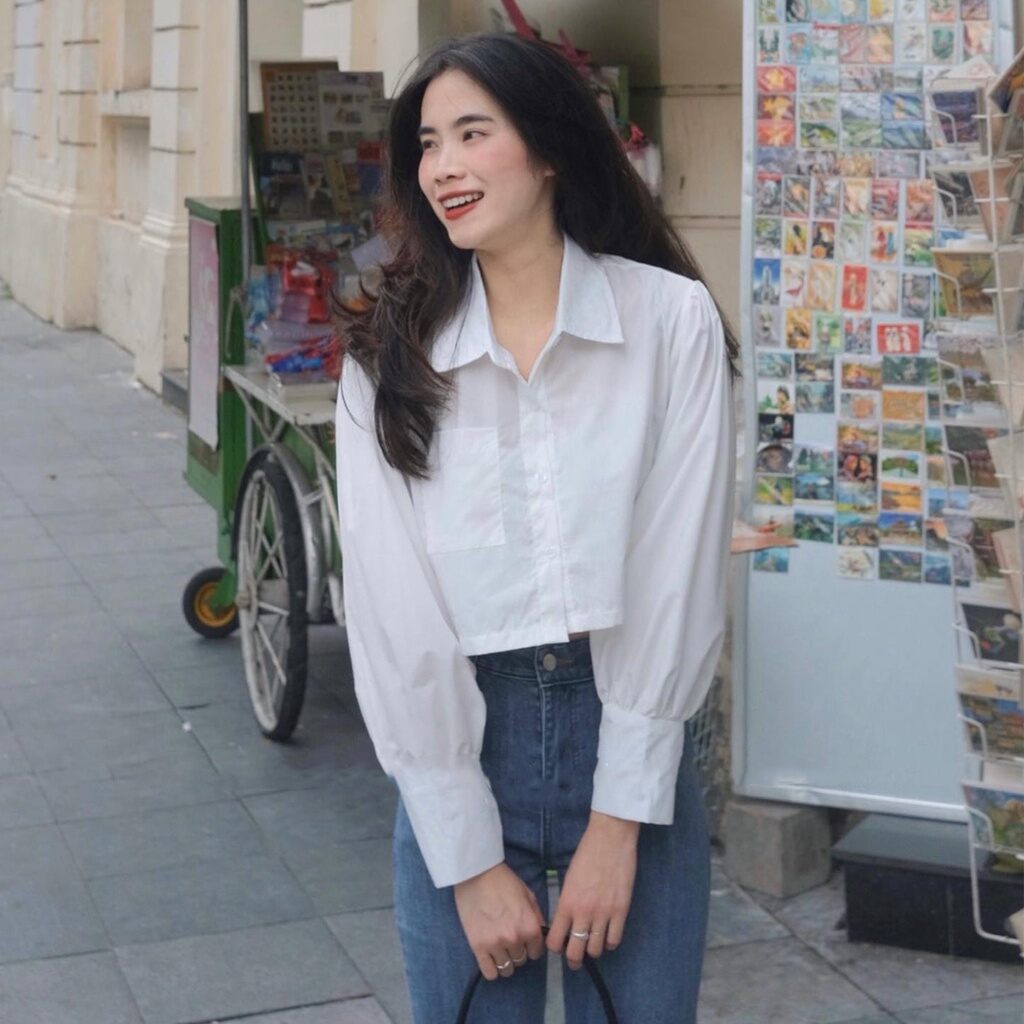 Áo sơ mi croptop bo tay siêu xinh trẻ trung năng động