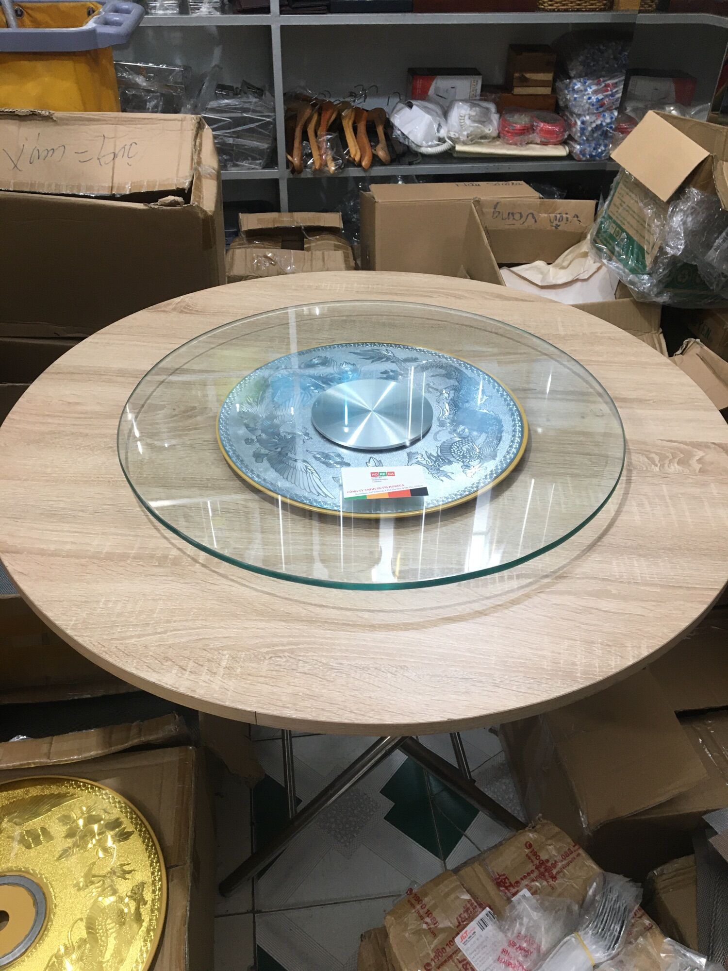 Mâm xoay bàn ăn rồng phụng trắng 60cm, bộ mâm xoay đã bao gồm đế xoay và kính cường lực dày 10 ly, mài bóng cạnh