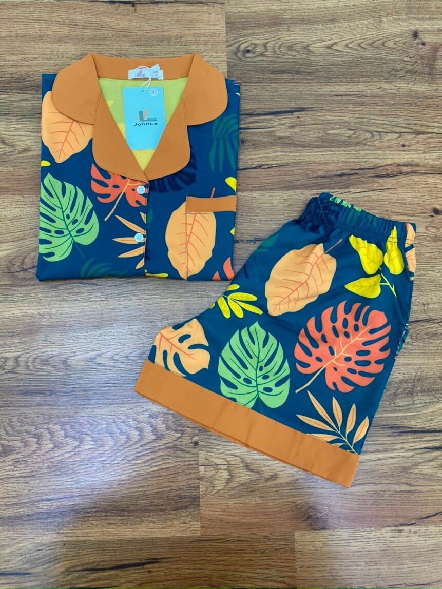 Bộ pijama mặc nhà lụa mango cao cấp tay ngắn quần short lá dừa xanh