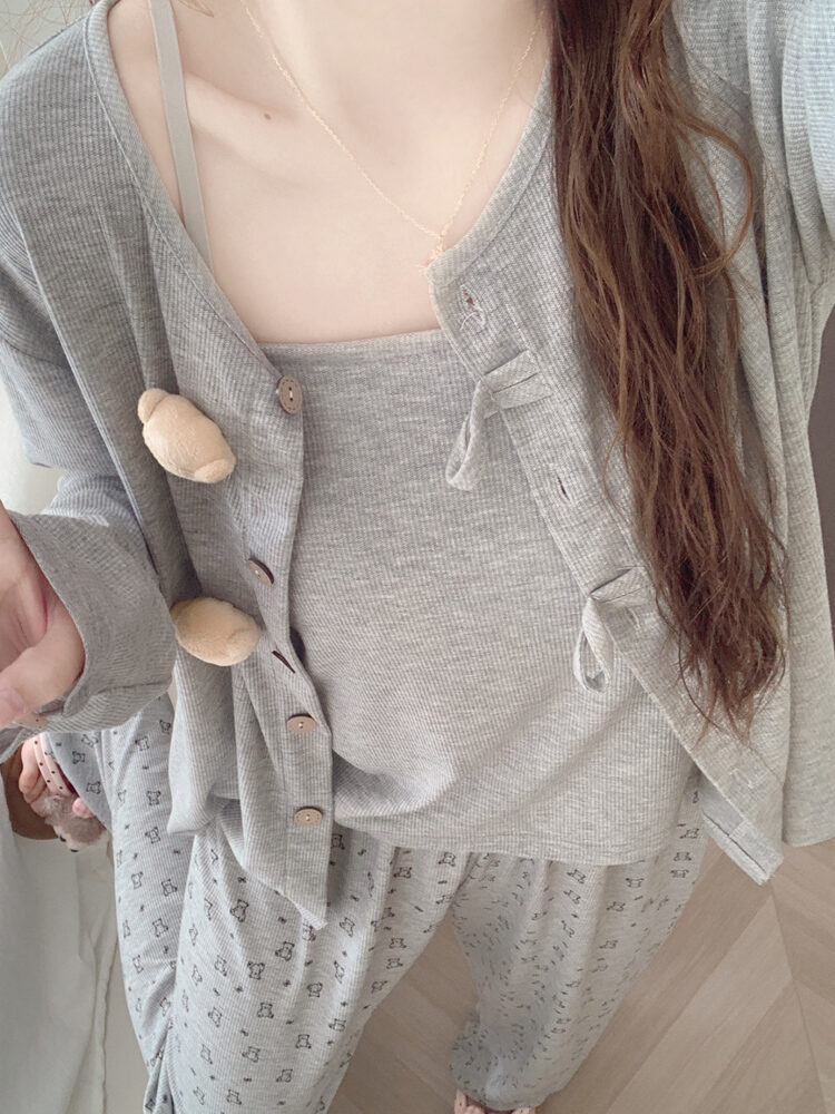 HANQIANNUO | Bộ Đồ Ngủ Bralette Hình Gấu Bông Dễ Thương 3 Món