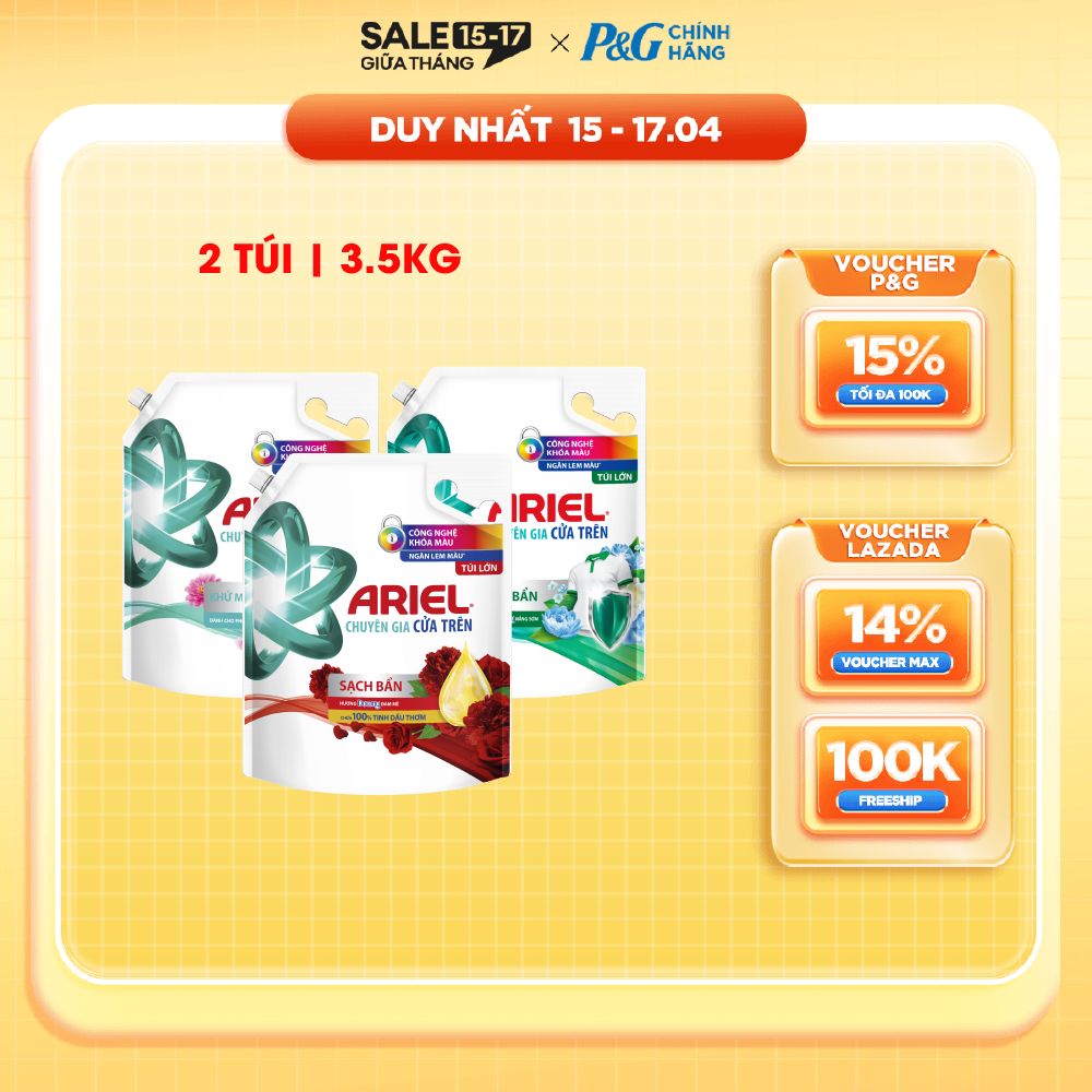 Combo 2 Nước Giặt Cửa Trên ARIEL Ngăn Lem Màu, Quần Áo Siêu Thơm Hương Sạch Sâu Nắng Mai/ Đam Mê/ Downy Oải Hương Túi 3.65KG/ 3.2KG