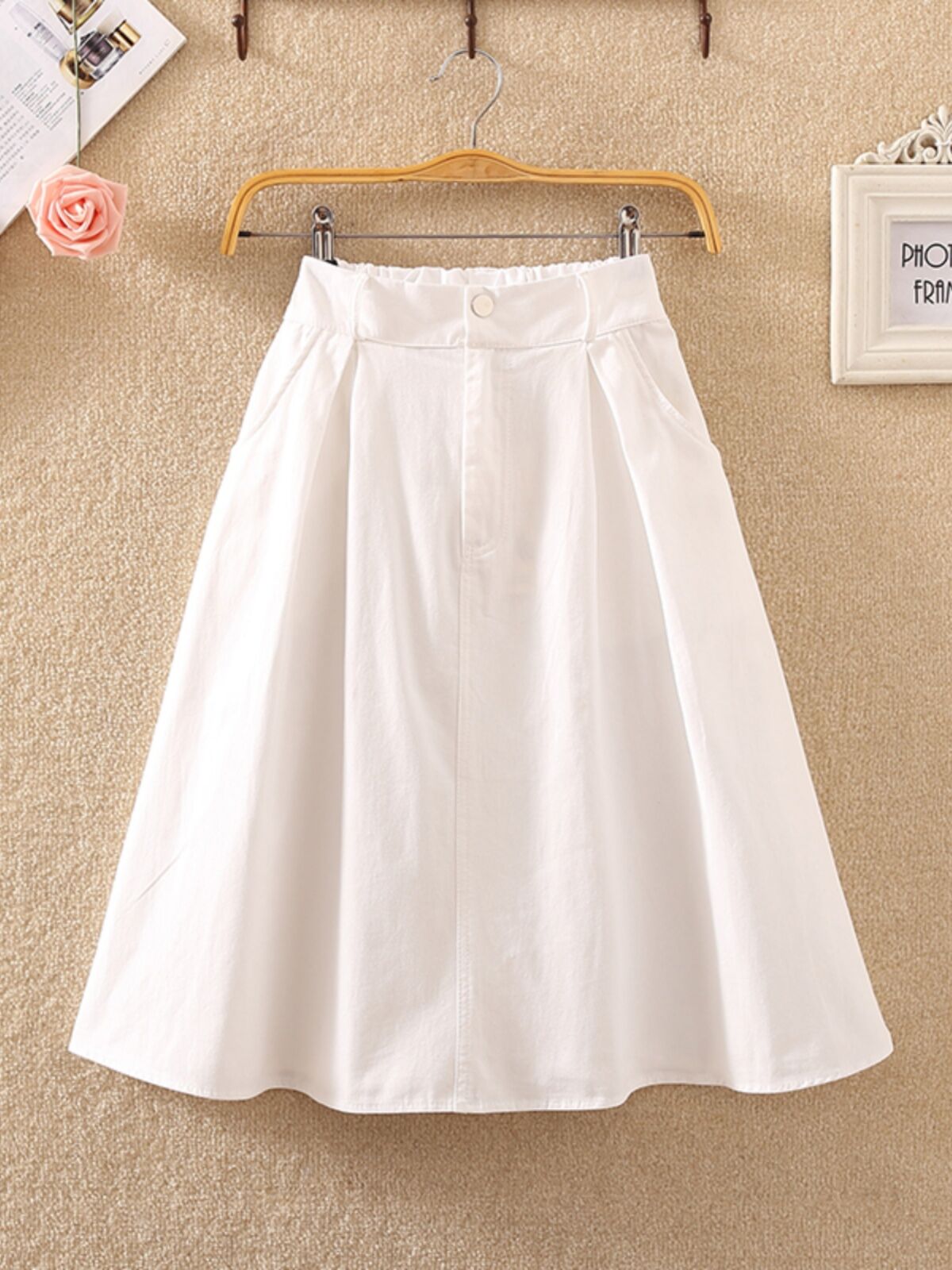 Váy Chữ a Cotton Nguyên Chất Dài Vừa Phải Có Túi Cài Nút Mùa Xuân 2025 Cho Nữ Váy Công Sở Cạp Cao Màu Trơn Đơn Giản