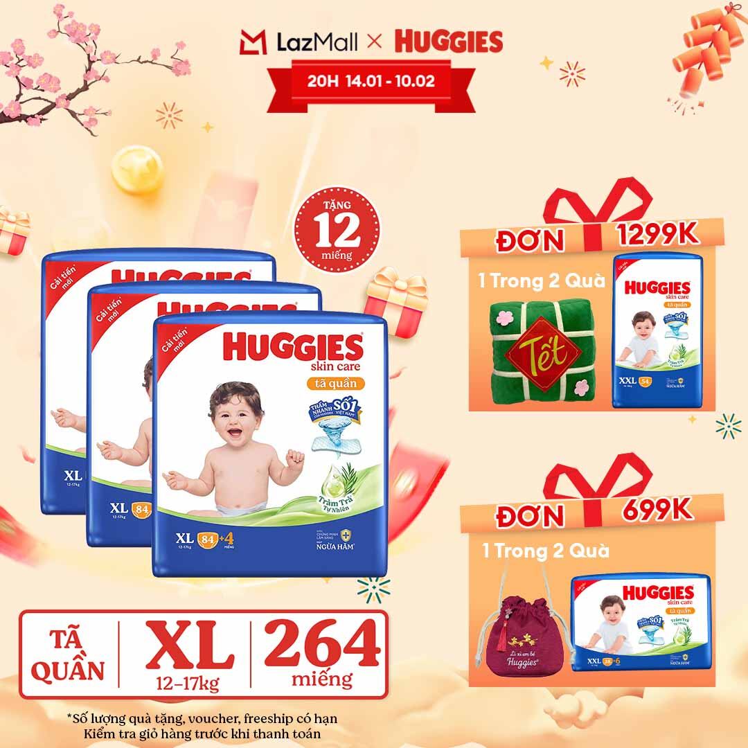 [CHỈ 15.01-10.02 GIẢM THÊM 90K] Combo 3 Gói Tã/bỉm quần HUGGIES SKINCARE MEGA JUMBO size XL84+4 miếng