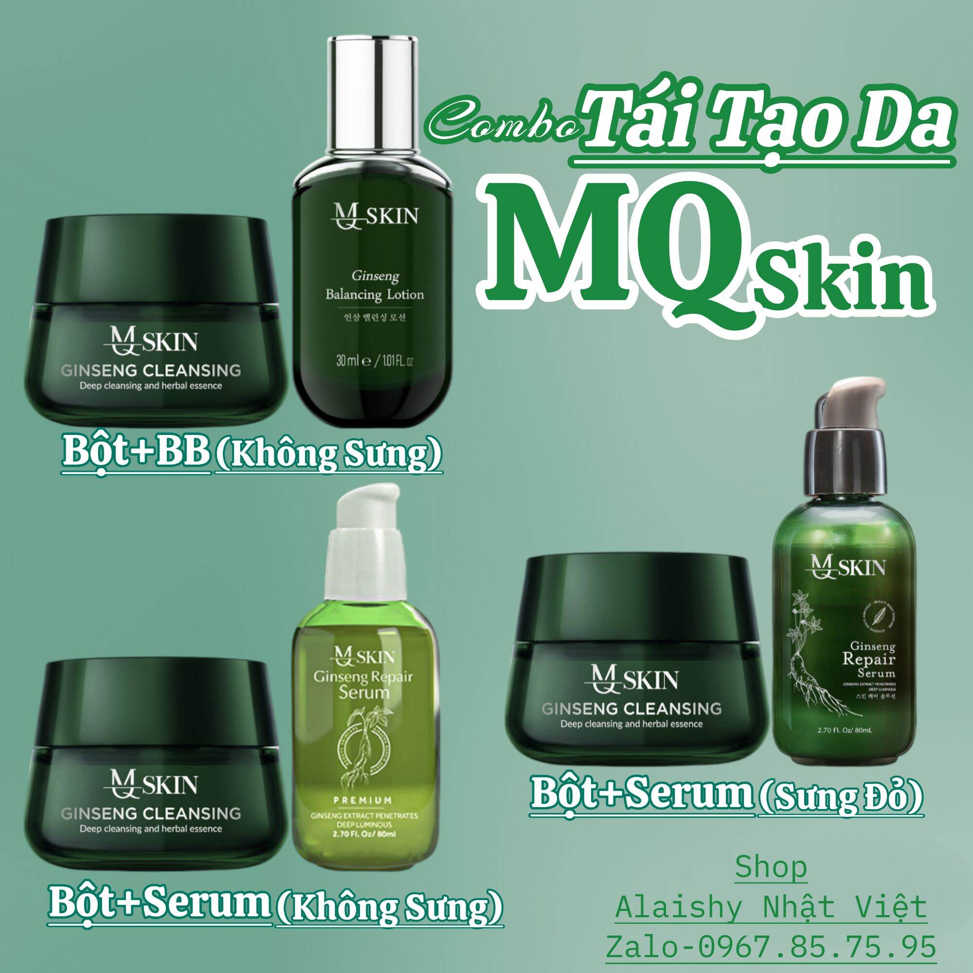 Combo Serum + BB Tái Tạo Thay Da Nhân Sâm MQ SKIN và Bột Rửa Mặt Nhân Sâm MQ SKIN