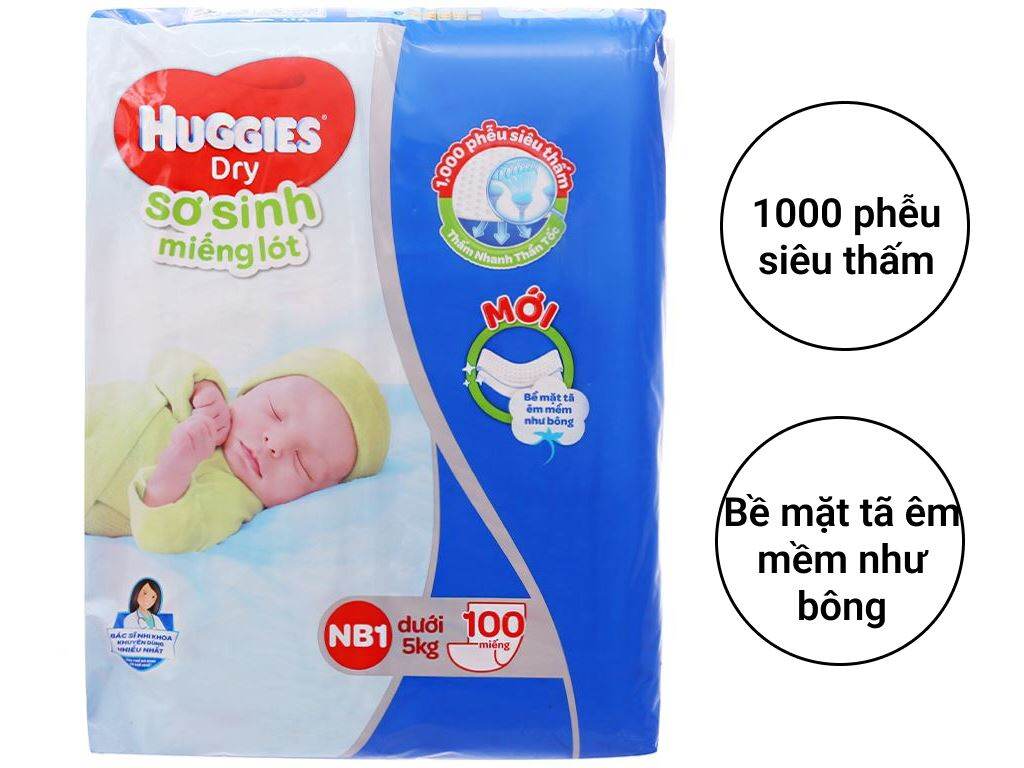 Miếng lót Huggies NB1 108 + 14 miếng (Dưới 5kg).