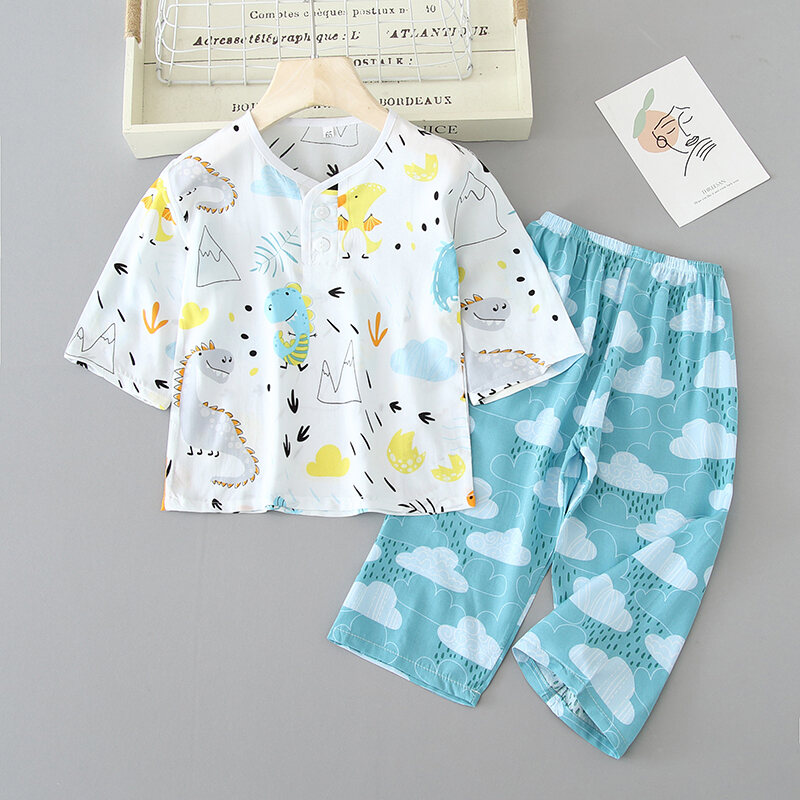 Mỏng Nhân Tạo Cotton, Vải Bông Lụa Bộ Váy Ngủ Trẻ Em 9 Món Quần Áo Gia Đình Xuân Hè Điều Hòa Không Khí Bộ Đồ Ngủ Bé Trai Bé Gái