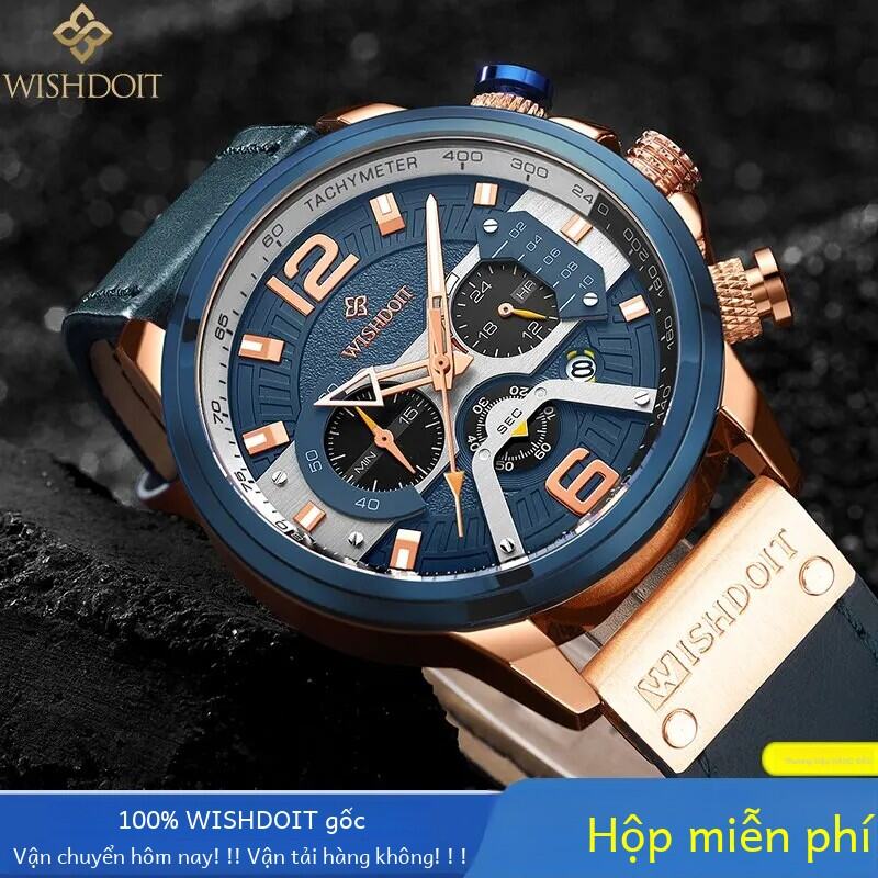 WISHDOIT Nam Thạch Anh Chống Thấm Nước Dây Da Inox Thể Thao Thời Trang Chronograph Đồng Hồ Đeo Tay Có Dạ Quang Tay