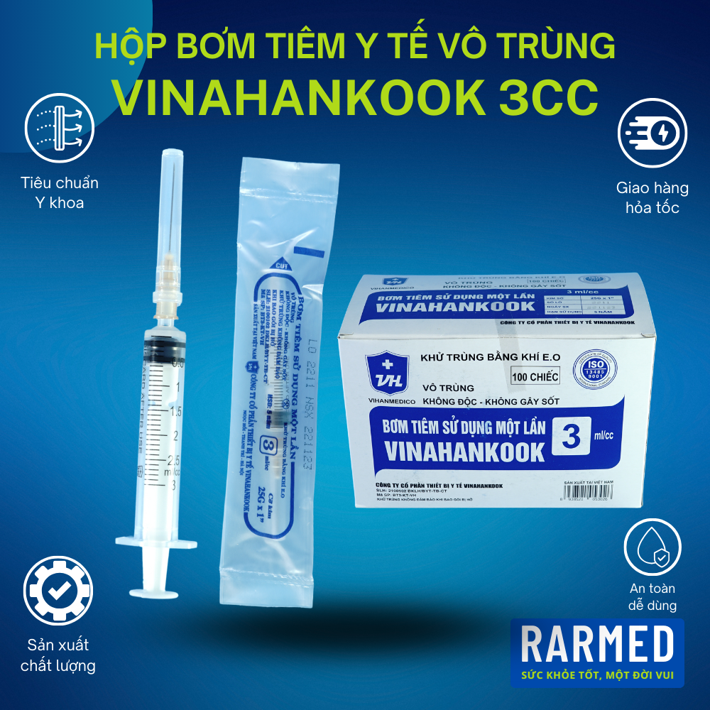 Hộp 100 bơm tiêm y tế 3cc VINAHANKOOK bơm tiêm xilanh 3ml vô trùng - Tặng kim / Nhiều cỡ