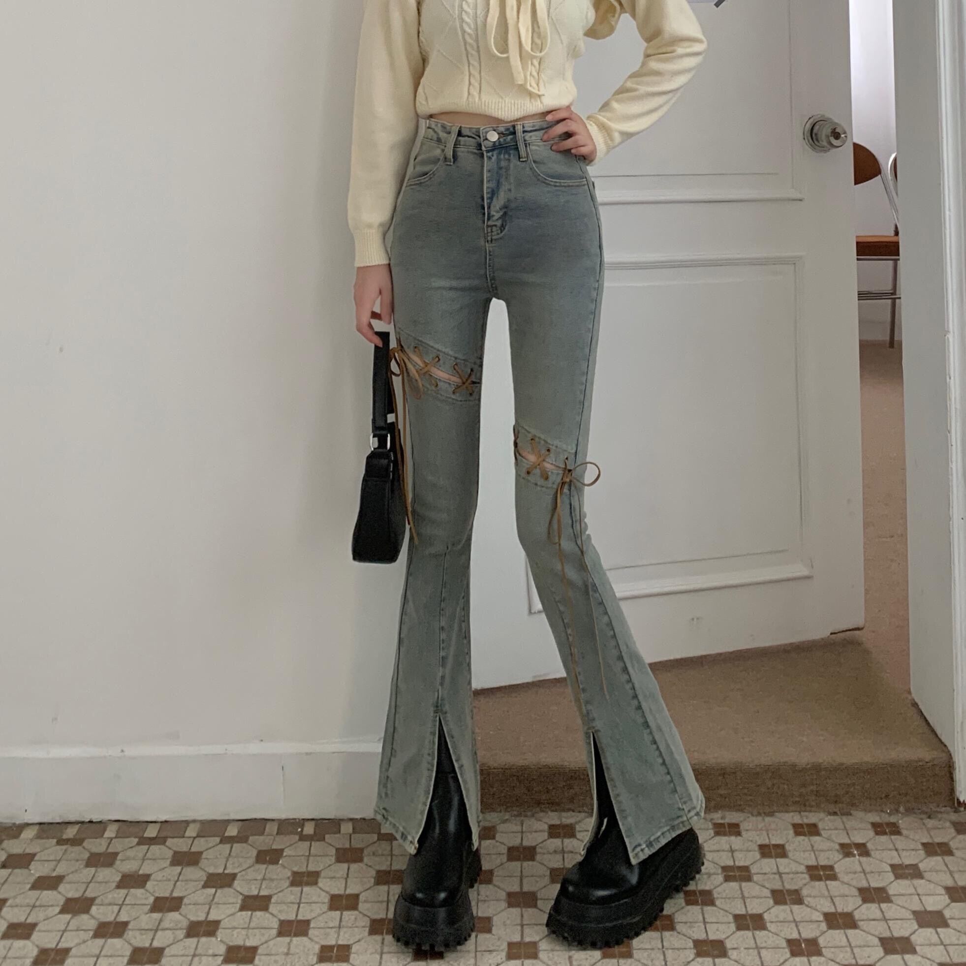 Quần jeans ống loe lưng cao phối dây thắt (kèm ảnh thật ở cuối)