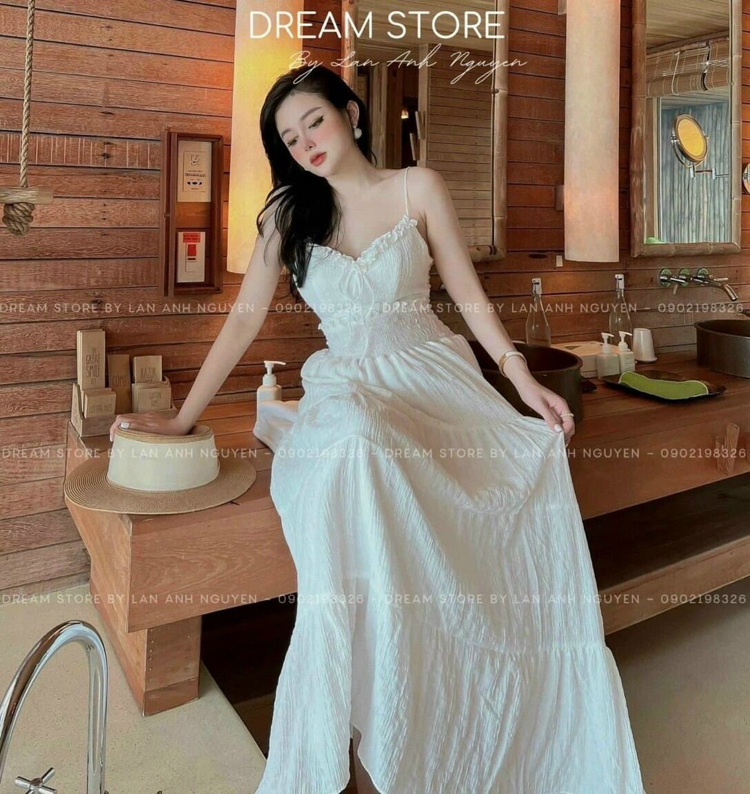 Đầm maxi đi biển hai dây nhúng eo có mút ngực
