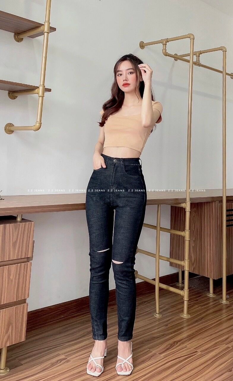Jeans dài lưng cao co giãn rách