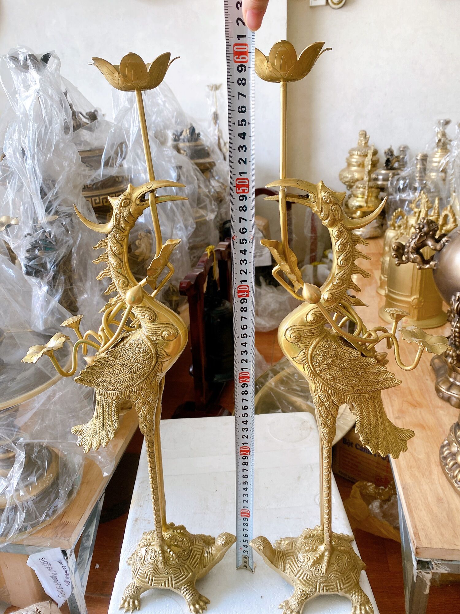 Hạc đồng cao gân 62 cm nặng 5 kg làm bằng đồng bộ thờ cúng Phong thủy