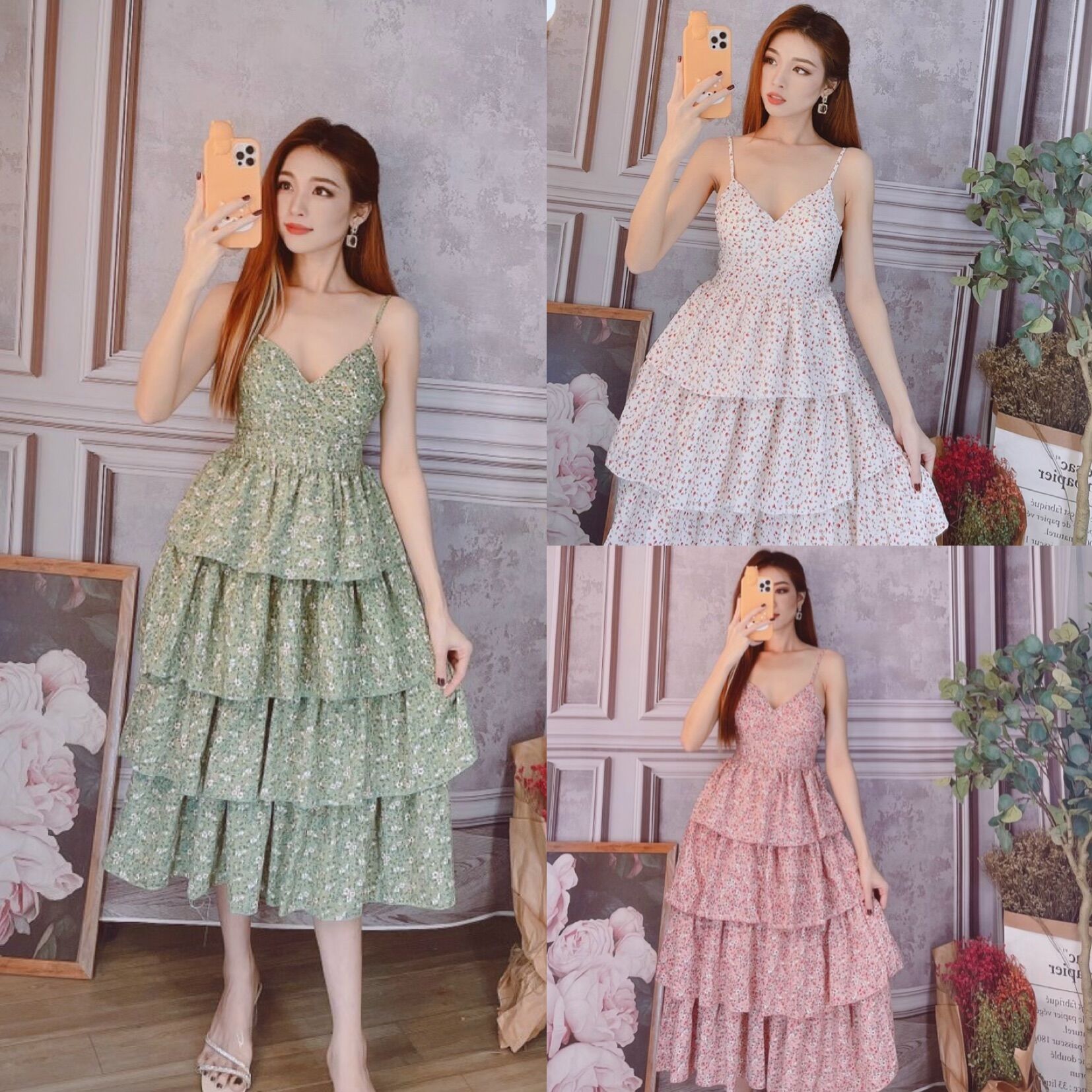 Đầm maxi hai dây bo eo bốn tầng hoa nhí siêu đẹp hình thật